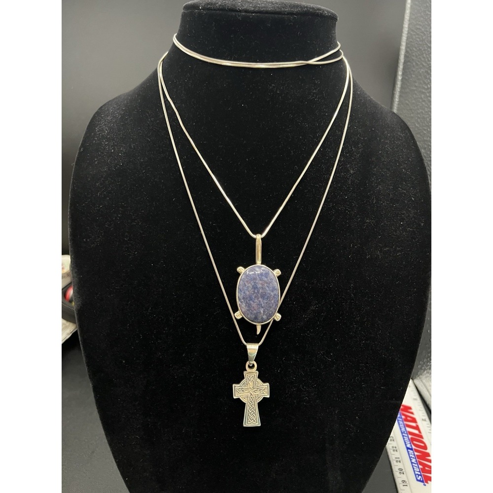 Lot 2 Sterling Silver 925 Necklace Celtic Cross Charoite Turtle Chain 29.85g SW
